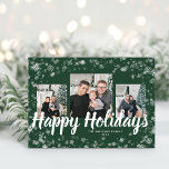 Foto Elegante Highlights Postkarte<br><div class="desc">Elegante Green Holiday Postcard. Diese elegante Happy Holidays Postkarte besticht durch ein festliches Bild mit weißen Schneeflocken auf einem schönen grünen Hintergrund mit einer Foto-Collage von 3 Bildern. Auf der Rückseite befinden sich ein 4. Foto und ein zusätzlicher Text für die Personalisierung.</div>