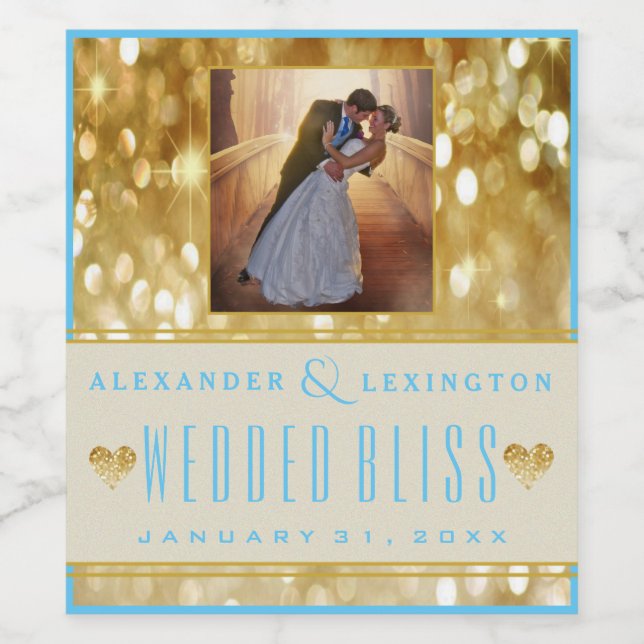 Foto Elegante Hochzeit Gold und Blue Weinetikett (Einzelnes Label)