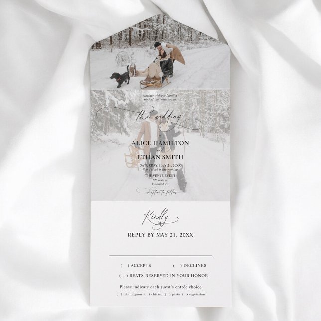Foto Elegante Kalligrafie Minimalistisch Hochzeit All In One Einladung (Von Creator hochgeladen)