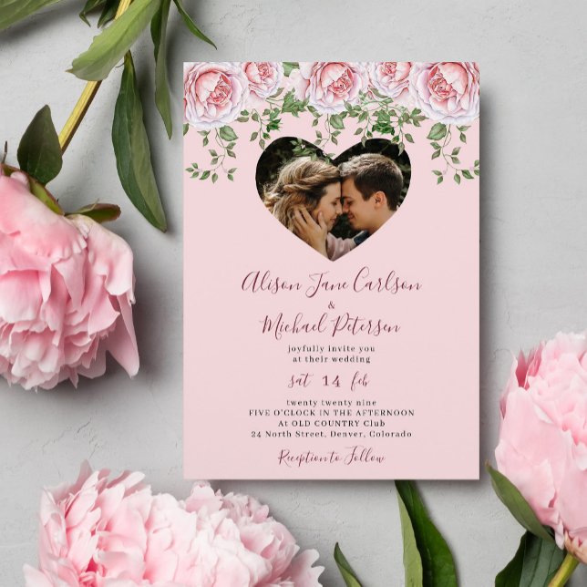 Foto Elegante Rose Valentine Herz Rosa Hochzeit Einladung (Von Creator hochgeladen)