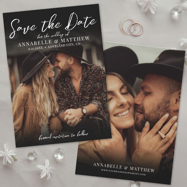 Foto Elegante Schrift Boho Hochzeit Save The Date (Photo Elegant Script Boho Wedding Save the Date)