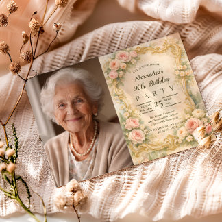 Foto Eleganter Barock-Blumenrahmen 90. Geburtstag Einladung