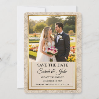 Foto Eleganter Minimalistischer Goldrahmen & Flora Save The Date