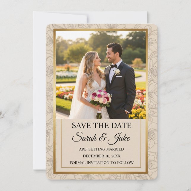 Foto Eleganter Minimalistischer Goldrahmen & Flora Save The Date (Vorderseite)