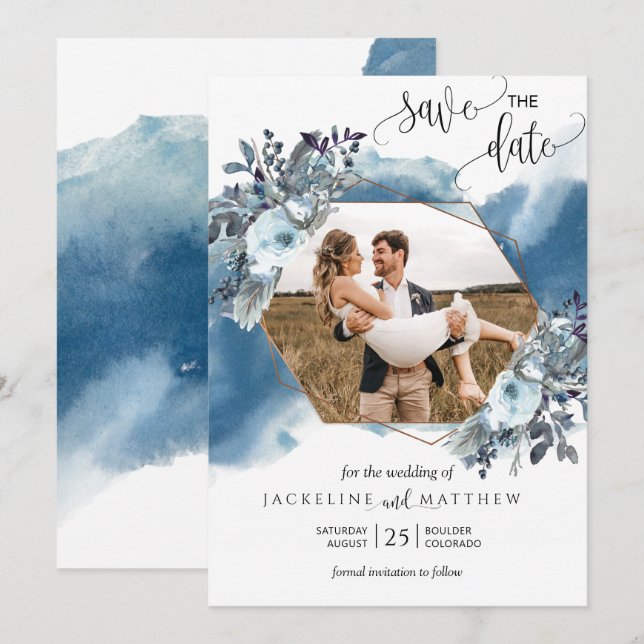 Foto Elegantes geometrisches blaues Wasser Save The Date (Vorne/Hinten)