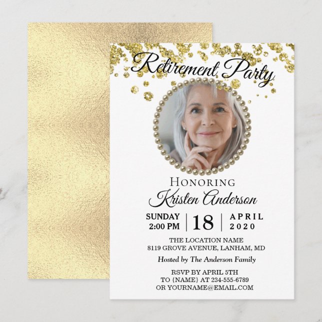 Foto Elegantes Gold Glitzer Rente Party Einladung (Vorne/Hinten)