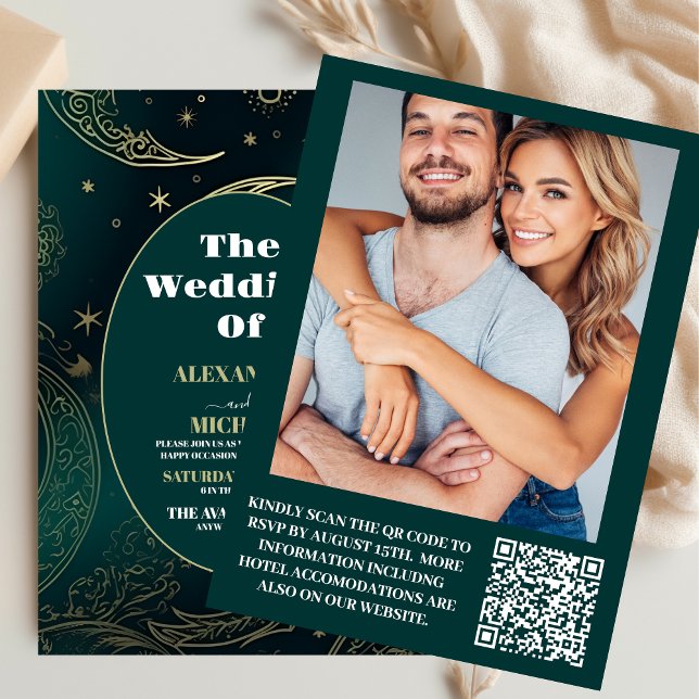 Foto Emerald Green Gold Celestial Wedding Einladung (Von Creator hochgeladen)