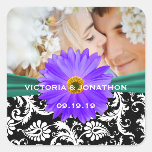 Foto Emerald Green Lila Gerber Daisy Wedding Quadratischer Aufkleber