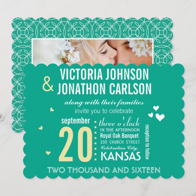Foto Emerald Yellow Moderne Typografie Hochzeit Einladung (Vorne/Hinten)