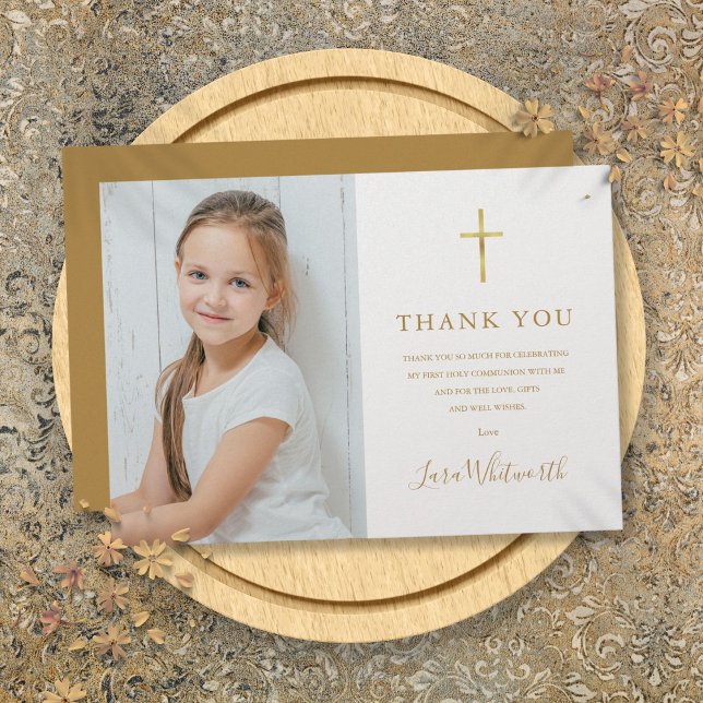 Foto Erste Heilige Kommune Goldene Signatur Dankeskarte (Photo First Holy Communion Golden Signature Thank You Card)