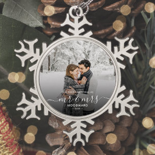 Foto Erstes Weihnachten Verheiratet White Schrift Schneeflocken Zinn-Ornament