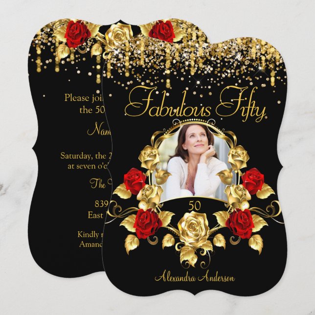 Foto Fabulous 50 Party Rote Rosen Glitzer Gold Einladung (Vorne/Hinten)