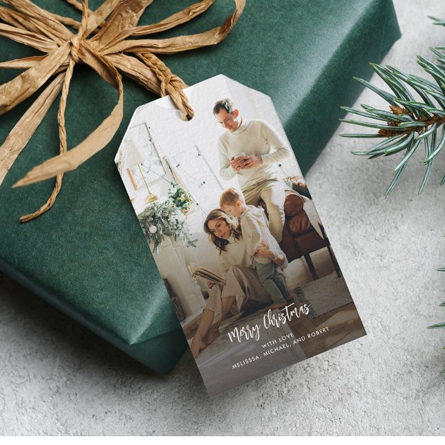 Foto Familie Elegante Moderne Weihnachten Geschenkanhänger (Family Photo Rustic Script Christmas Gift Tag)