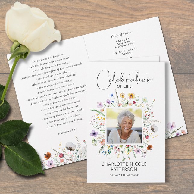 Foto-Feier zum Lebensbeerungsprogramm Flyer (Dainty wildflowers Celebration of Life funeral memorial program, 5.5" x 8.5" after you fold them)