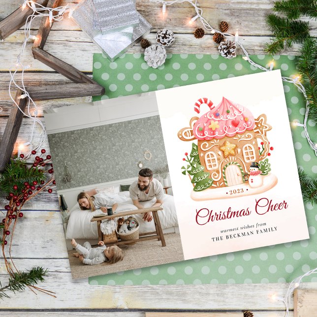 Foto Festive Gingerbrett Weihnachten (Photo Festive Gingerbread House Christmas Holiday Card)