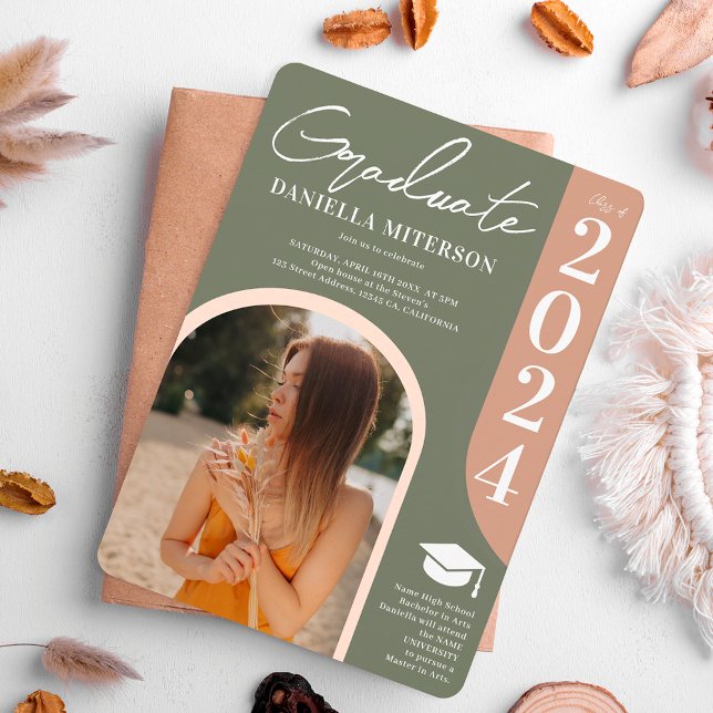 Foto fett 2023, grün, rosa Abschluss Einladung (Photo bold 2024 arch green pink graduation invitation)