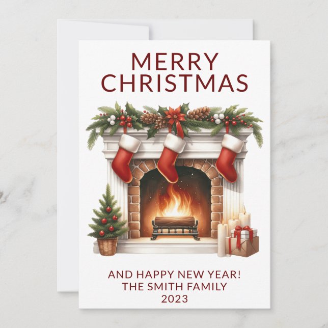 Foto Fireplace Strumpfs Red Holiday Card Einladung (Vorderseite)