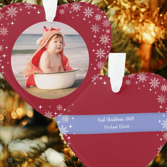 Foto First Christmas Baby Boy Niedlich Snow Red He Ornament (Elegant Cute Modern My First Christmas Baby Personalized Name Year 1 Photo Snowflakes Heart-Shaped)