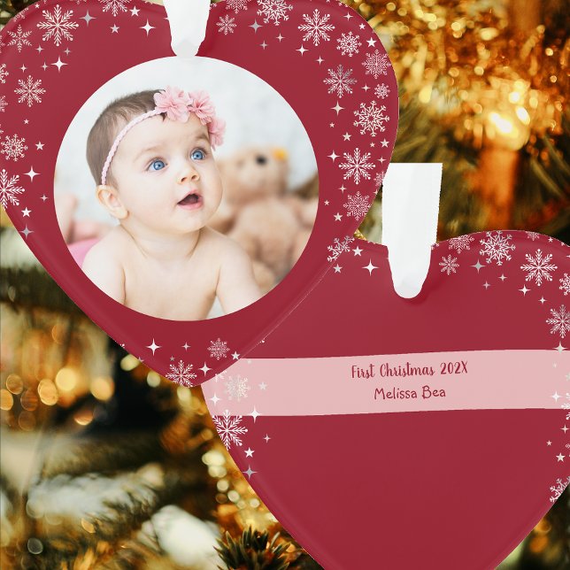 Foto First Christmas Baby Girl Snow Rotes Herz Ornament (Elegant Cute Modern My First Christmas Baby Personalized Name Year 1 Photo Snowflakes Heart-Shaped)