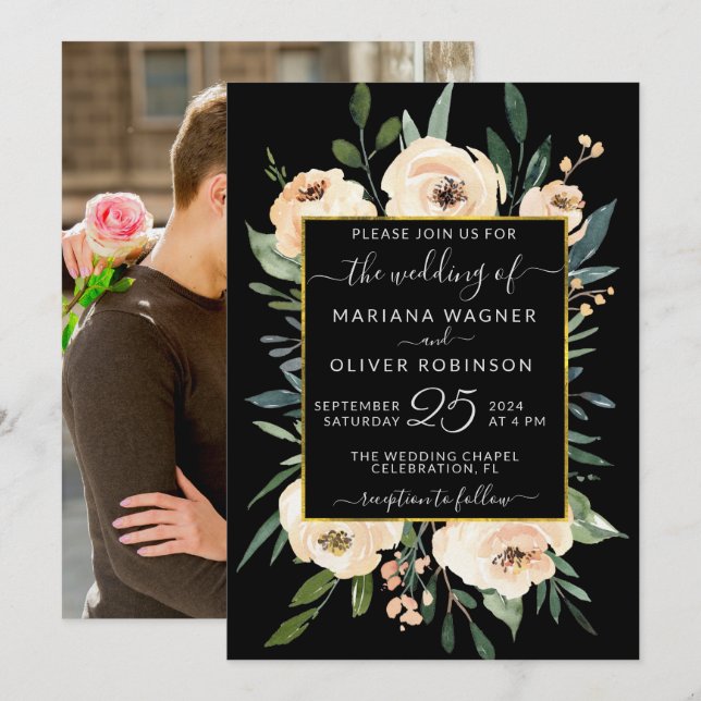 Foto Floral Beige Blush Rose Gold Black Wedding Einladung (Vorne/Hinten)