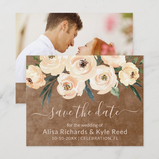 Foto Floral Beige Gold Brown Save the Date Ankündigung (Vorne/Hinten)