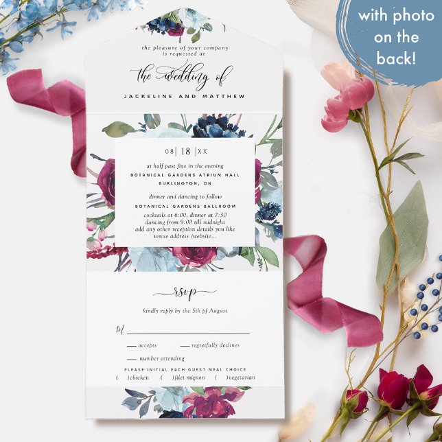 Foto Floral Berry Blue Burgundy Wedding Tear UAWG All In One Einladung (Von Creator hochgeladen)