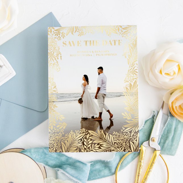 Foto Floral Botanisch Moderne Save the Date Gold Folieneinladung (Von Creator hochgeladen)
