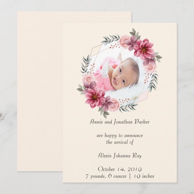 Foto Floral Newborn Geburtserklärung Einladung (Vorne/Hinten)