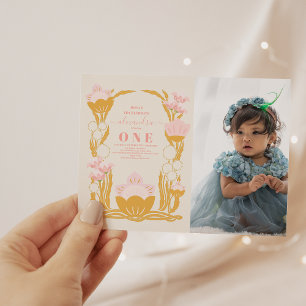 Foto Floral Pink Gold 1. Geburtstag Einladung