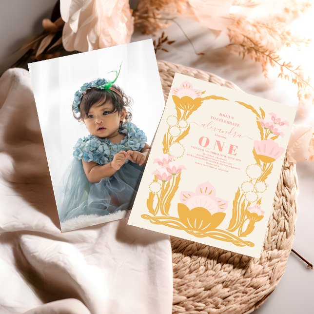 Foto Floral Pink Gold 1. Geburtstag Einladung (Von Creator hochgeladen)