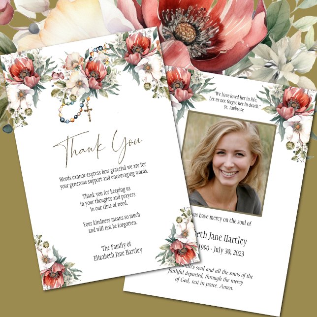 Foto Floral Rosary Beerdigung Beileid Beileid Dankeskarte (Easy to Personalize Catholic Funeral Thank You Cards)