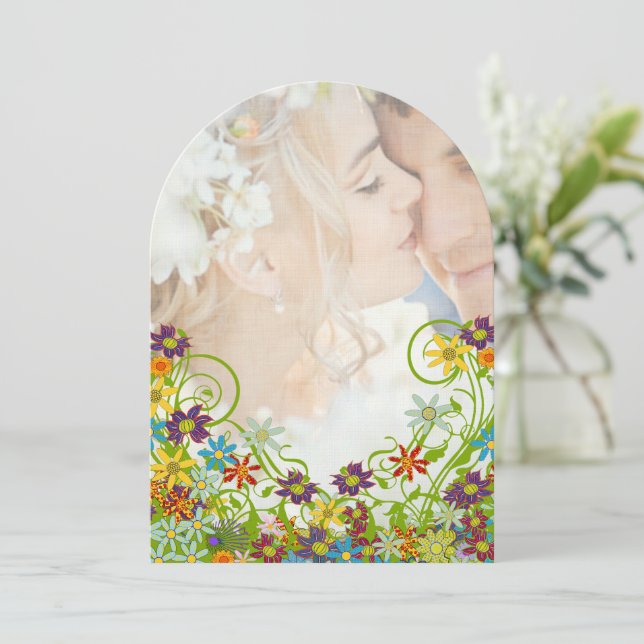 Foto Floral Wirble Blume Hochzeit Einladung (Stehend Vorderseite)