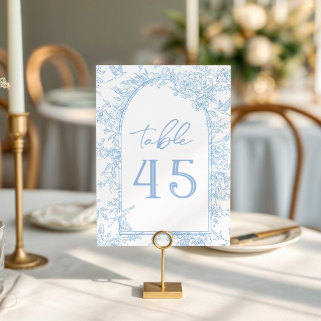 Foto French Toile Blue und White Floral Wedding Tischnummer (French Toile Inspired Vintage table number for wedding or shower)