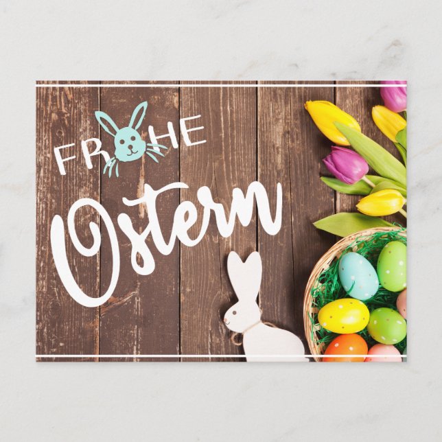 Foto Frohe Ostern mit Tulpen und Hase Postkarte (Vorderseite)