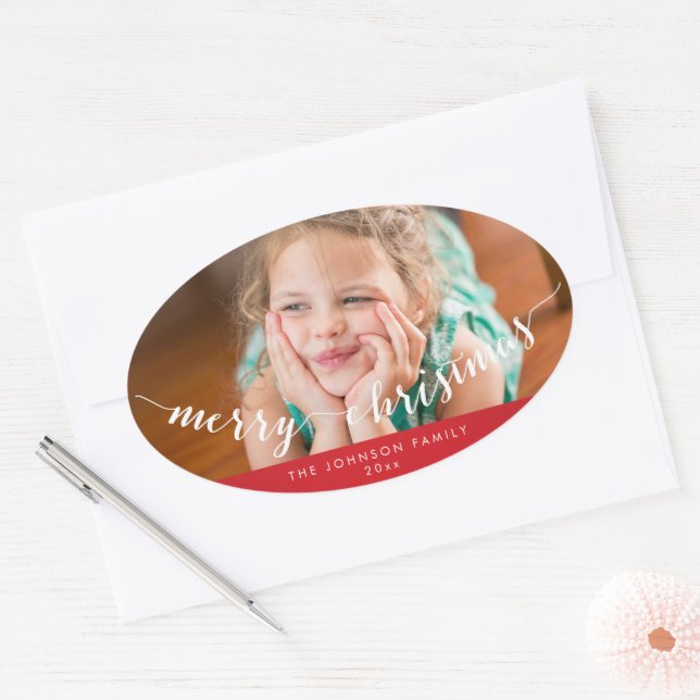 Foto Frohe Weihnachten Oval Rote Stickers (Umschlag)