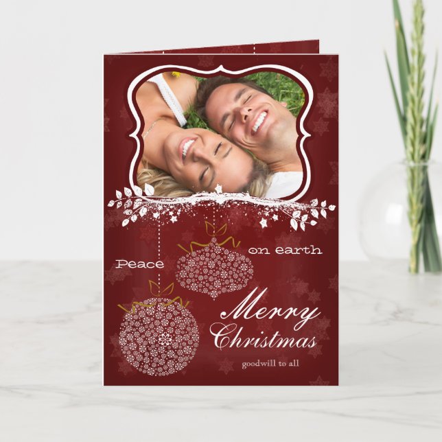 Foto Frohe Weihnachten Rote Sterne Weiße Ornamente (Vorderseite)
