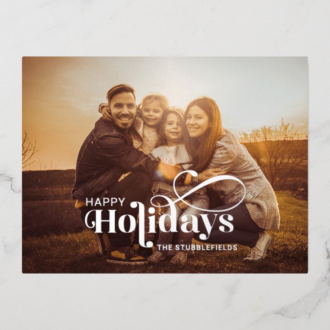 Foto frohe Weihnachtskalligrafie Silver Folien Feiertagspostkarte (Vorderseite)