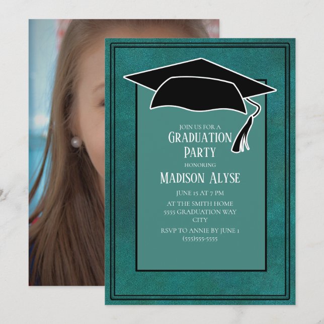 Foto für das grüne Schwarze Graduiertenkap-Party Einladung (Vorne/Hinten)