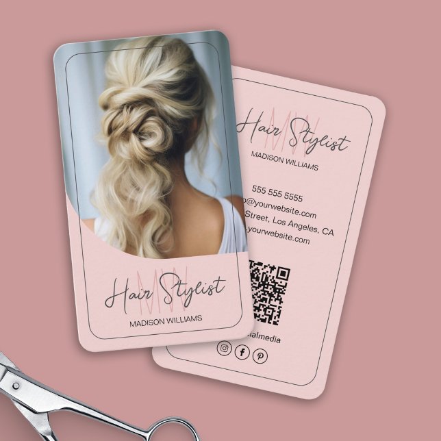 Foto für das Monogramm-Logo der Haarstühle Rosa Visitenkarte (Hair Stylist Monogram Logo Photo Blush Pink Business Card)