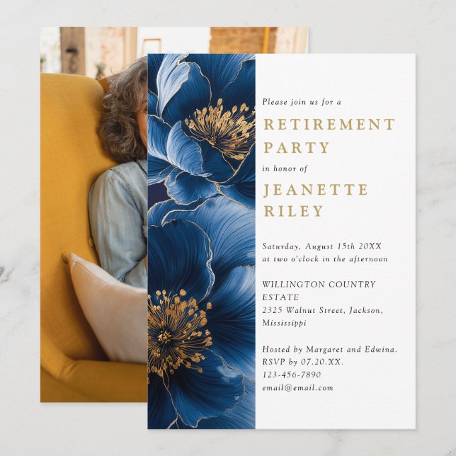 Foto für das Navy Blue Gold Floral Retirement Part Einladung (Vorne/Hinten)