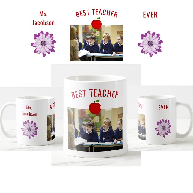Foto für den besten Lehrer je Lehrer Kaffeetasse (Best Teacher Ever. Photo of students. Flowers. Modern, cute, elegant teacher appreciation mug)