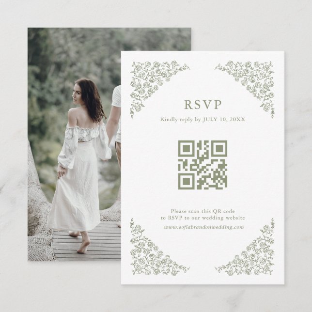 Foto für den einfachen, zarten Blumenkode mit grün RSVP Karte (Vorne/Hinten)