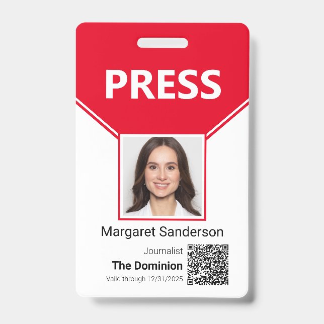 Foto für den Pressepass und QR-Code-ID-Abzeichen Ausweis (Vorderseite)