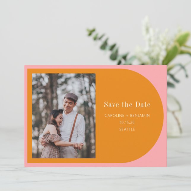 Foto für einfache geometrische rosa orangefarbene  save the date (Stehend Vorderseite)
