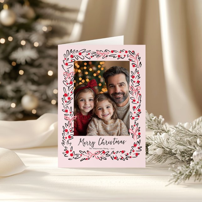 Foto für handgezeichnete Kleider und Preppy Bows Karte (Whimsical Christmas Wreath holiday family photo folded card)