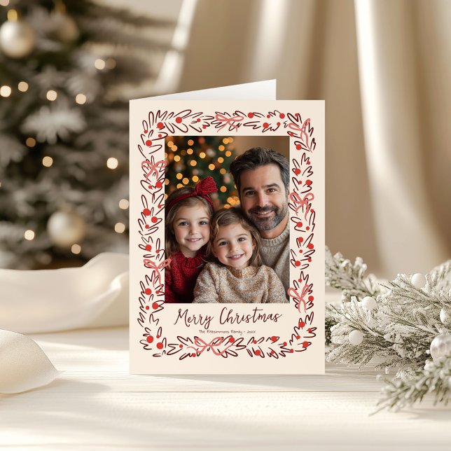 Foto für handgezeichnete Kleider und Preppy Bows Karte (Whimsical Christmas Wreath holiday family photo folded card)