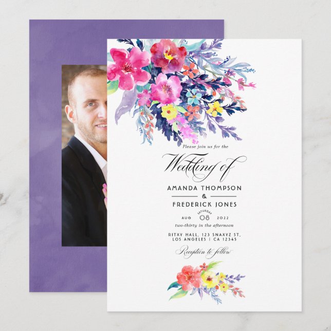 Foto für Hochzeiten mit farbenfroher Wasserfarbe Einladung (Vorne/Hinten)