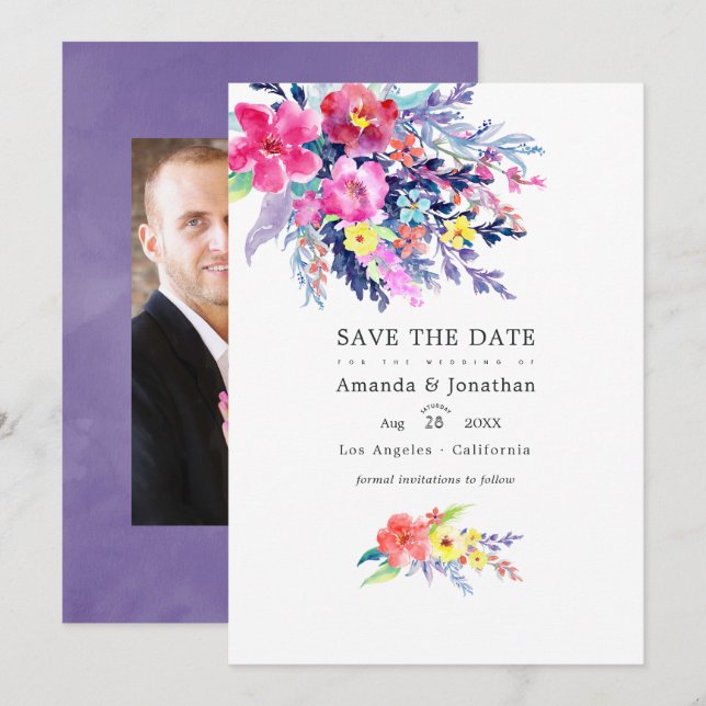 Foto für Hochzeiten mit farbenfroher Wasserfarbe Save The Date (Vorne/Hinten)