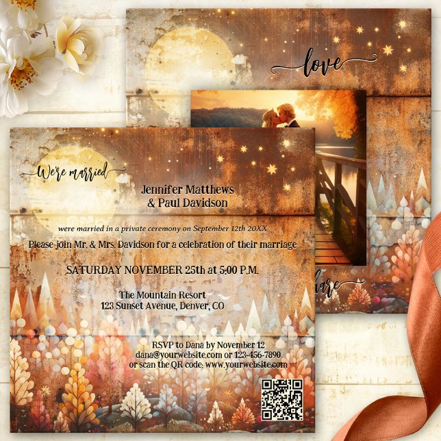 Foto für Hochzeitsfeiern im Industriewald Einladung (Boho fall photo wedding reception invitation featuring a forest with full moon and stars)