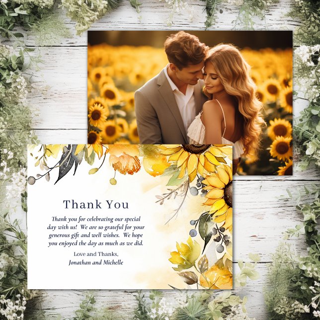 Foto für Hochzeitsfeiern mit Sonnenblumen Dankeskarte (Front and Back - Watercolor Sunflower Floral Wedding Photo Thank You Card)